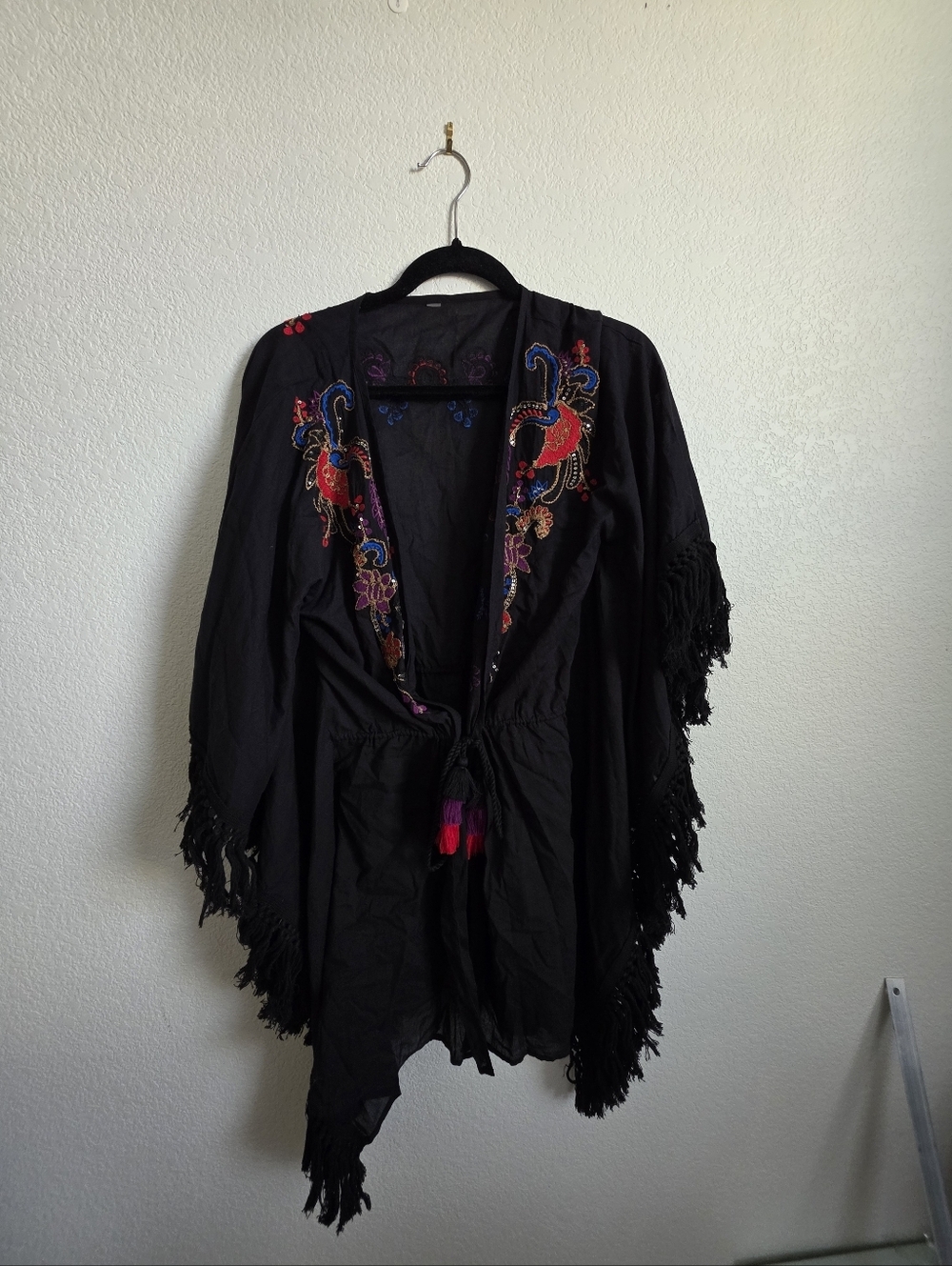 Black Embroidered Fringe Kimono with Colorful Accents